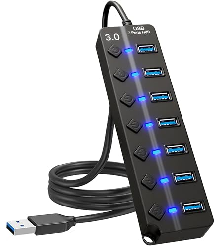 Hub USB 2.0 A 7 Porte Con Interruttori Individuali – Splitter Ad Alta Velocità Con Cavo Da 2 M, Per Computer E Laptop, Design Antiscivolo