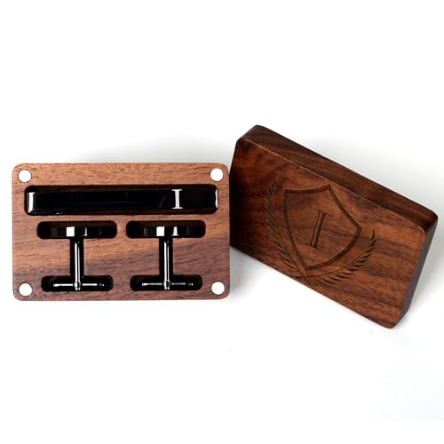 Image of Mens Initial Cufflinks and Tie Clip A-Z Alphabet Letter Black Stainless Cuff Links Tie Bar with Engraved Walnut Wood Box Groom Groomsman Wedding Set