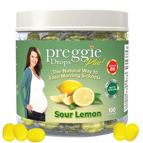 Image of Three Lollies Preggie Drops Plus Pregnancy Nausea Relief Drops with 10 mg Vitamin B6 and Essential Oils, Morning Sickness and Queasy Stomach Support for Pregnant Women, Sour Lemon, 100 Count