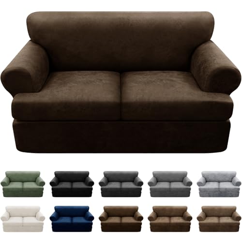 Pfrstuv 3-Pieces T Cushion Loveseat Slipcovers Leather Look Couch Cover Loveseat Covers for 2 Cushion Couch Furniture Protector Stretch Sofa Cover with 2 Individual T Cushion Seat Covers, Coffee
