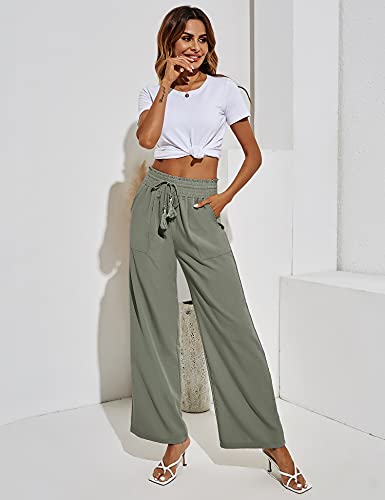 Rapbin Women's Cotton Linen Pants Casual Drawstring Loose Elastic Waist Beach Trousers With Pockets Olive Green #TOP4