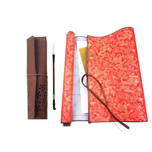 Ellkee Reusable Magic Cloth Water Writing Chinese Paper Large & Small, Calligraphy Set for Beginners Painting Practice with 1 Brush & 1 Pen Holder(Red,4 Items)