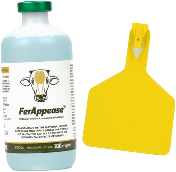 FerAppease® Cattle Stress Relief & Livestock Ear Tag Kit – 300ml Topical Calming Solution + 25 Pack Yellow Large Z-Type Ear Tags – Stress Reduction & Durable Livestock ID Combo for Cattle