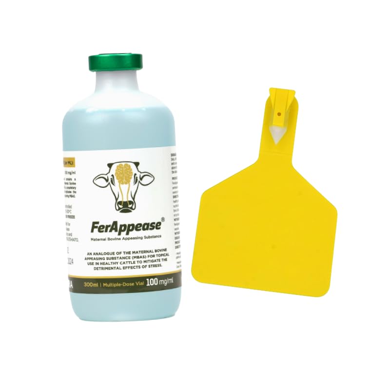 FerAppease Cattle Stress Relief & Livestock Ear Tag Kit – 300ml Topical Calming Solution + 25 Pack Yellow Large Z-Type Ear Tags – Stress Reduction & Durable Livestock ID Combo for Cattle