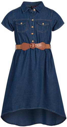 dELiA*s Girls' Denim Dress - Classic Collared Denim Dress with Belt - Knee-Length Long Sleeve Dresses for Girls (Sizes: 7-16), Size 14-16, Dark Wash Short Sleeve
