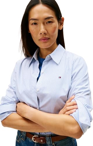 Tommy Hilfiger Damen Hemd Poplin Regular mit Spitzkragen, Blau (Hugh STP/Blue), 44 – Ansicht 3