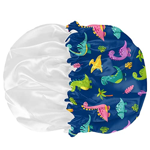 Image of Dinosaur Novelty Print Kids Satin Sleep Cap, Satin Bonnet Boys Girls Adjustable Slouchy Beanie Hat for Night Sleep Curly Spring Summer Fall Winter Hair Cap for Toddler Children Baby
