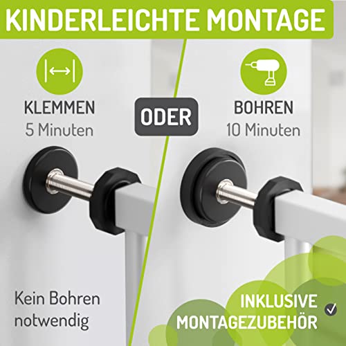 BOMI Schutzgitter Merle | Hoch 107 cm | Ohne Bohren | Schließt automatisch | Kindergitter Metall-Türschutzgitter weiß ohne Bohren | Automatisches Schließen des Türgitters | Breite: 143-151 cm