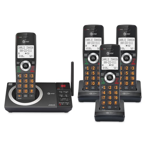 AT&T 4-Handset Expandable DECT 6.0 Cordless Home Phone with Large Display, Big Buttons, Answering Machine, Smart Call Blocker, Long Range, Caller ID, Speakerphone, Intercom: CL82418 (Charcoal Black) by AT&T - Used condition - US$62.59