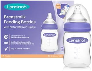 Lansinoh Baby Bottles for Breastfeeding Babies, 5 Ounces, 3 Count, Includes 3 Slow Flow Nipples (Size 2S)