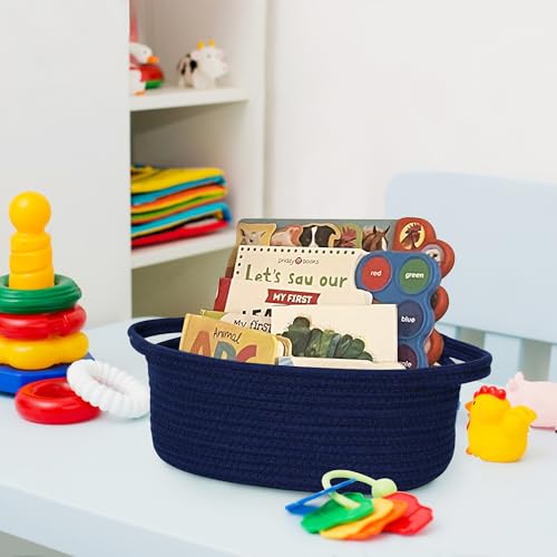 Image of Small Blue Gift Basket, Woven Baskets for Gifts Empty, Cotton Rope Cat Dog Toy Bin Box, Wicker Basket with Handles, Baby Nursery Shelf Storage Basket for Home Decor, Navy Blue, 12 inchx 8 inchx 5 inch