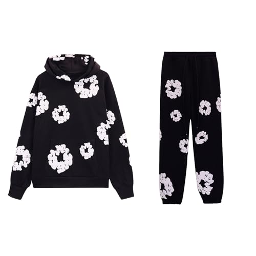 NSICBMNO Black Tracksuit Mens Full Set Casual 2 Piece Outfit Flower Puff Print Hoodie Baggy Joggers Sweatsuit Hooded Sweatshirt Sweatpants Jogging Bottoms Foam Print Tracksuit Y2K Hip-Hop Streetwear