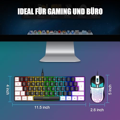 RedThunder 60% RGB Verkabelte Gaming Tastatur und Maus Set, Mini Gaming Tastatur, 62 Tastatur, DE Layout… – Ansicht 5
