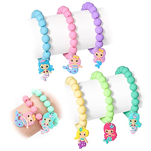 Hifot 6 Pieces Mermaid Beaded Bracelets For Girls, Silicone Mermaid Pendant Bracelet Kids Jewelry Bracelets Set Princess Dress Up Party Favor Gift (Random Colors) #TOP18