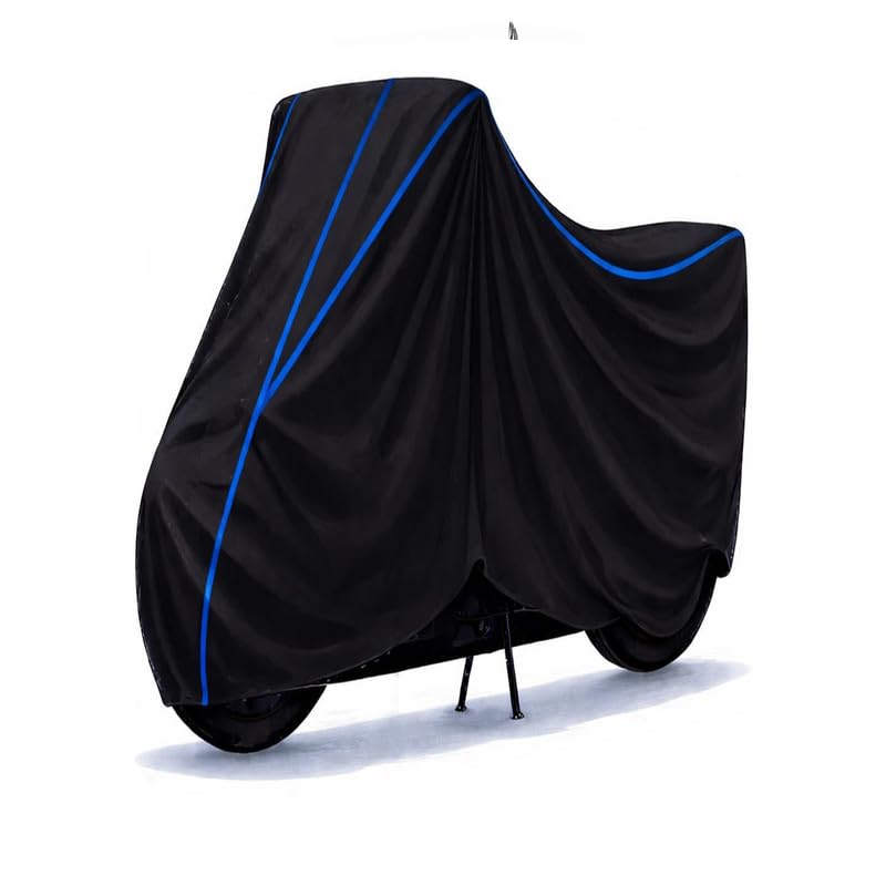 Image of X Blade BS4 Bike Cover Water Resistant Universal Motorcycle Rain | Heavy Duty UV Protection, Dust, Scratch Indoor Outdoor All Weather with Black Blue Piping Elastic