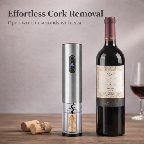 VinoLux Series Battery Electric Wine Opener – Electric Corkscrew, Foil Cutter, LED Lights, Transparent Window & Brushed Stainless Steel Shell, 4 AA Batteries Required – Silver - Image 3