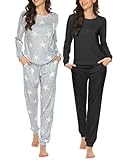 Ekouaer 2 Pack Women's Pajama Set Long Sleeve Top with Jogger Pants Lounge Sets Sleepwear Loungewear with Pockets Black&Grey Star Print Medium