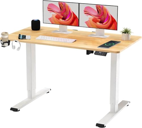 SANODESK QS+110 * 60 Electric Standing Desk ONE PIECE Height Adjustable Standing Desk With Memory Smart Panel Sit Stand Table With Hooks and Cupholder for Home Office (White Frame+ Maple Desktop)
