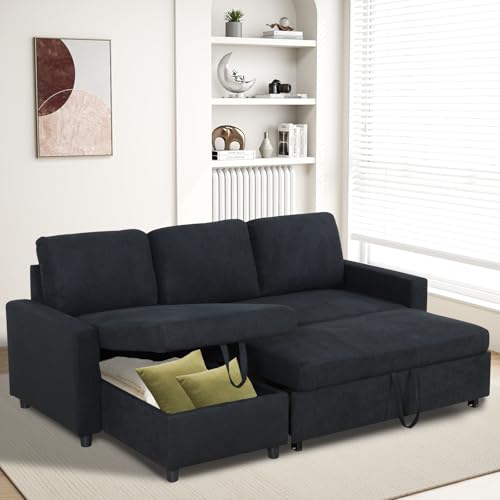 Image of Rovibek 83 inch Convertible Sofa Bed Couch with Storage - 4 in 1 L Shaped Sofa with Pull Out Couch Bed for Living Room, Apartment, Office, Small Spaces, Black