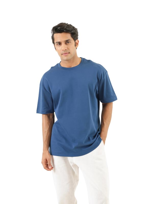 Image of SAADAA Men's Oversized Cotton T-Shirt | 210 GSM Heavyweight Fabric | Drop Shoulder | Dual Knit | Comfortable Casual Wear | Solid Colors