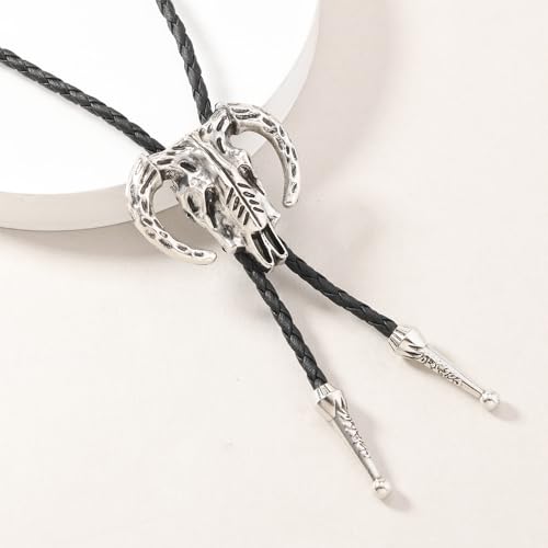 Image of Joxevyia Bolo Tie for Men Vintage Cow Skull Leather Rope Western Cowboy Necktie Vintage Bola Tie Gift for Him