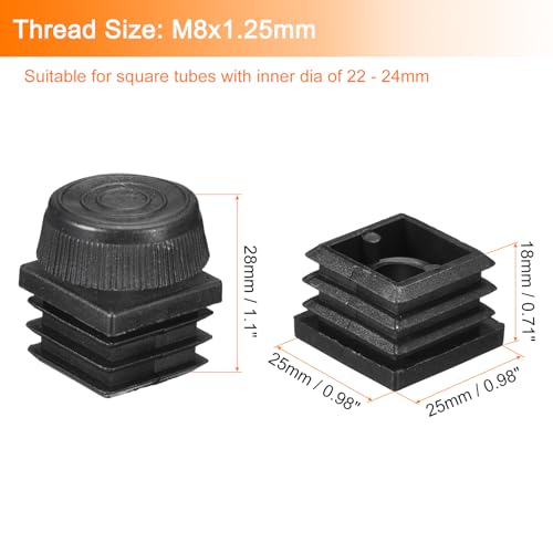 Image of uxcell 8Pcs Inserts for Square Tubes with Leveling Feet, for 0.98 inchx0.98 inch OD Square Tube, Adjustable 10-14mm M8-1.25mm Thread Black Plastic Furniture Chair Blanking End Caps Insert
