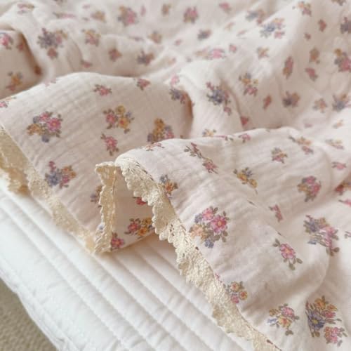 Image of BuLuTu Retro Design Tuberose Flower Quilt Blanket for Toddler Girls Chic Floral Crib Comforter Soft Gauze Toddler Bedding Lightweight Comforter for All Seasons, Machine Washable, 60x78 Inches
