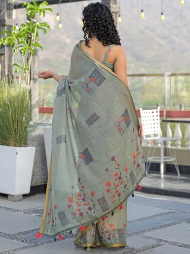 Image of SIRIL Women's Cotton Linen Printed Zari Border Saree with Unstitched Blouse Piece