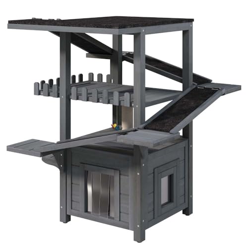 4 Tier Outdoor Cat Tree Weatherproof Wooden Cat Tower with Waterproof Roof Private Shelter & Play Zones for Feral/Indoor Cats (Grey)