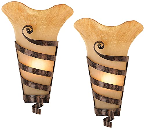 Image of Franklin Iron Works Solara Farmhouse Rustic Wall Light Sconces Set of 2 Rust Hardwired 10 inch Fixture Iron Ribbon Scavo Art Glass for Bedroom Bedside Bathroom Vanity Living Room Hallway Dining House