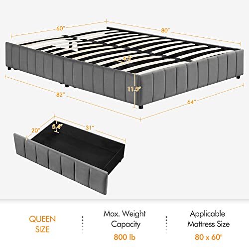 Yaheetech Platform Bed Frame With 4 Storage Drawers, Upholstered Bed Frame With Strong Wooden Slats/Mattress Foundation/No Fixed Headboard/No Box Spring Needed/Large Storage Space,Dark Grey-Queen #TOP1