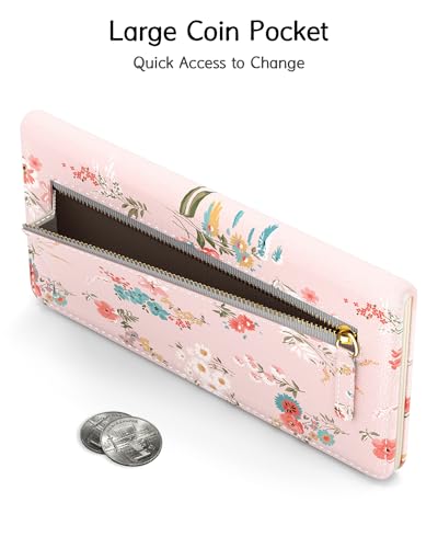 Image of Nipichsha Womens Wallet, RFID Slim Wallets for Women, Thin Ladies Credit Card Holder Purse, Cute Leather Bifold Clutch Billfold with 11 Card Slots & ID Window, Pink Flowers