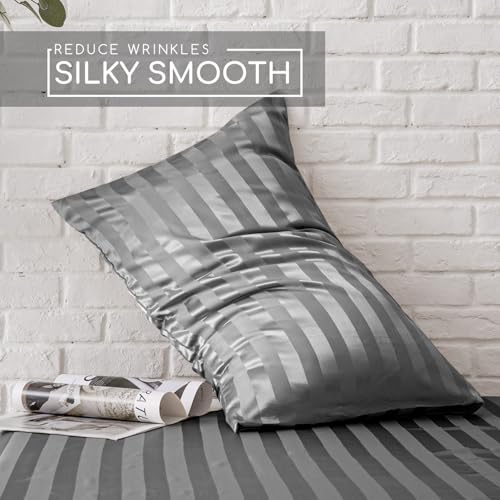 Image of MR&HM Satin Bed Sheets, Full Size Sheets Set, 4 Pcs Silky Bedding Set with 15 Inches Deep Pocket for Mattress (Full, Dark Grey Striped)