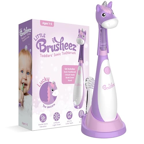 Brusheez Little Toddlers Sonic Toothbrush - Safe & Gentle Toothbrush for Ages 1-3 with Built-in Light-Up 2-Minute Timer Extra Brush Head & Storage Base for First-Time Brushers (Lucky the Unicorn)