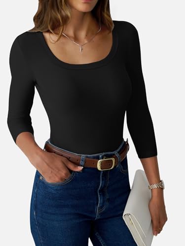 Womens 3/4 Sleeve Scoop Neck Top Ribbed Knit Slim Fitted Casual Basic Tee Shirts 2025 Fall Trendy Work T-Shirt Outfits3
