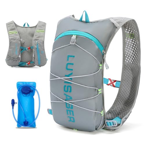 KSIBNW Running Hydration Vest Backpack, Lightweight Hydration Backpack with 1.5L Water Bladder Breathable and Sweatproof Running Rucksack Bladder Bag for Running Cycling for Women Men, Grey