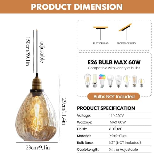 Lámpara colgante de cristal ámbar regulable con 1 luz para comedor 3