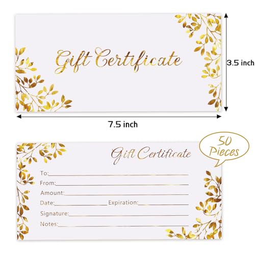 Tomioziey Blank Gift Certificates 50 Pcs Generic Certificate Cards Vouchers Gold Blank Cards Coupon Card for Business, Beauty Salon,Restaurant,Wedding Bridal,Birthday Holder,3.5 x 7.5 Inch - Thumbnail 2