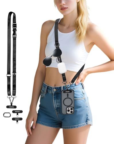 KuakeCase Phone Lanyard Crossbody, Adjustable Anti-Theft Phone Strap with 2 Patches, Durable & Skin-Friendly, Universal Neck Lanyard for All CellPhone Case, Travel Essential, Black