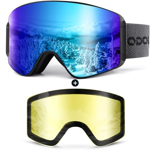 Odoland Skibrille für Damen und Herren Jungen Ski Goggles Anti-Fog UV-Schutz mit Magnetische Wechselglas Snowboardbrille Helmkompatible zum Snowboard Skifahren Blau — VLT 15%