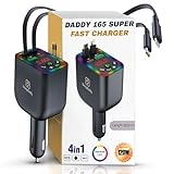 ChargeDaddy Bluetooth 5.3 Car FM Transmitter with 120W Max Power, Retractable Cables (80cm), Digital Display, Hands-Free Calling, Noise Canceling, and Dual Device Charging