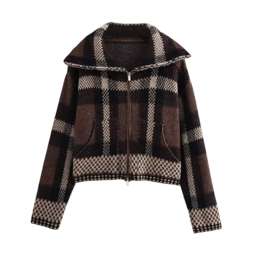 Chevara Women’s Checkered Cardigan Sweater Vintage Lapel Collar Long Sleeve Zip Up Knit Sweatshirt Jacket