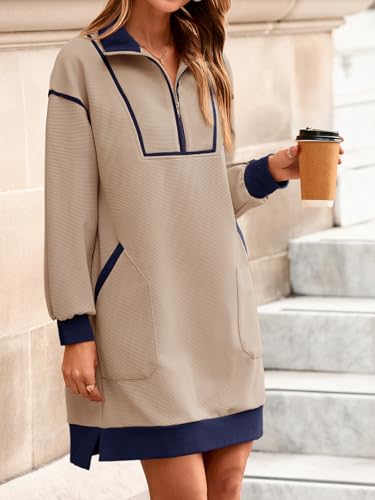 Image of Wenrine Womens Half Zip Sweatshirt Dress Fall V Neck Contrast Mini Dresses