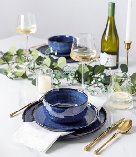 Image of TheTerra Ceramic Dinnerware Sets for 4, 12 Pieces Handmade Reactive Glaze Plates and Bowls Set, Scratch Resistant Dish Set, Oven & Microwave & Dishwasher Safe, Blue