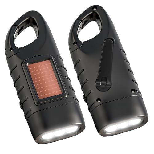 LEVMEK Lot de 2 Lampes de Poche Solaire à Manivelle, Torche LED Rechargeable Étanche avec Panneau Solaire, Lampe d'Urgence à Manivelle, Lampe de Camping...