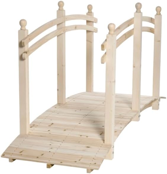 5FT Wooden Garden Bridge, Arc Footbridge Landscaping w/Double Handrails, Decorative Pond Bridge Walkway for Outdoors, Backyard, Stream, Creek(Natural)