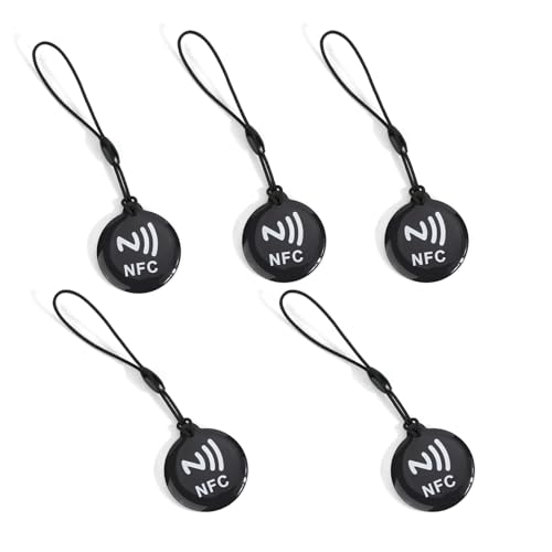 5pcs NFC Tags, Programmable Blank Cards Waterproof Ntag 215 Keychain Works with All NFC-Enabled Phones & Devices (Black)