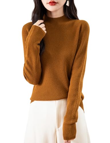 Image of Chanyarn Women's 100% Merino Wool Seamless Sweater Mock Neck First-Line Ready to Wear Long Sleeve Ribbed Knit Pullover