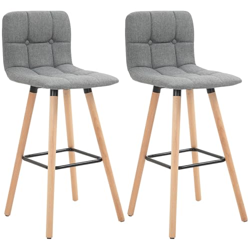 HOMCOM Lot de 2 tabourets de Bar, chaises de Bar capitonnées avec Dossier et Repose-Pieds, Pieds en Bois, Assise 70,5 cm, Style Moderne, tabourets Hauts pour Cuisine,...