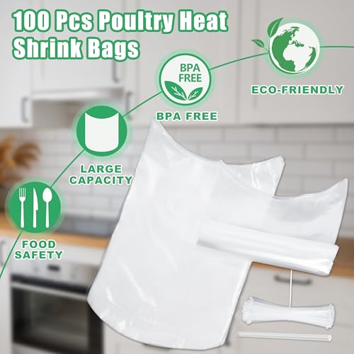 Image of Poultry Shrink Bags (100 Pcs 10x16'') - Turkey Wrap, Brining Bags BPA Free Freezer Safe for Chickens, Rabbits - With 50 Heat-Resistant Zip Ties and Silicone Straw